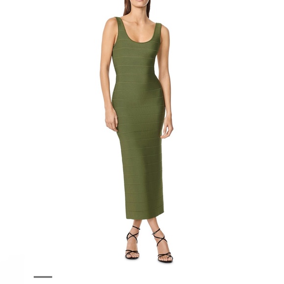 NWT Herve Leger Icon Square Neck S/L Gown GREEN SIZE XS